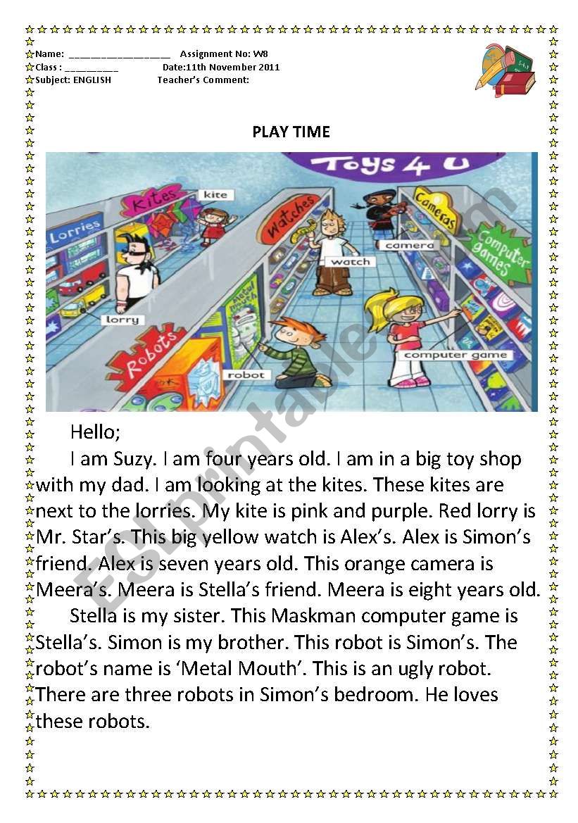 toys reading worksheet