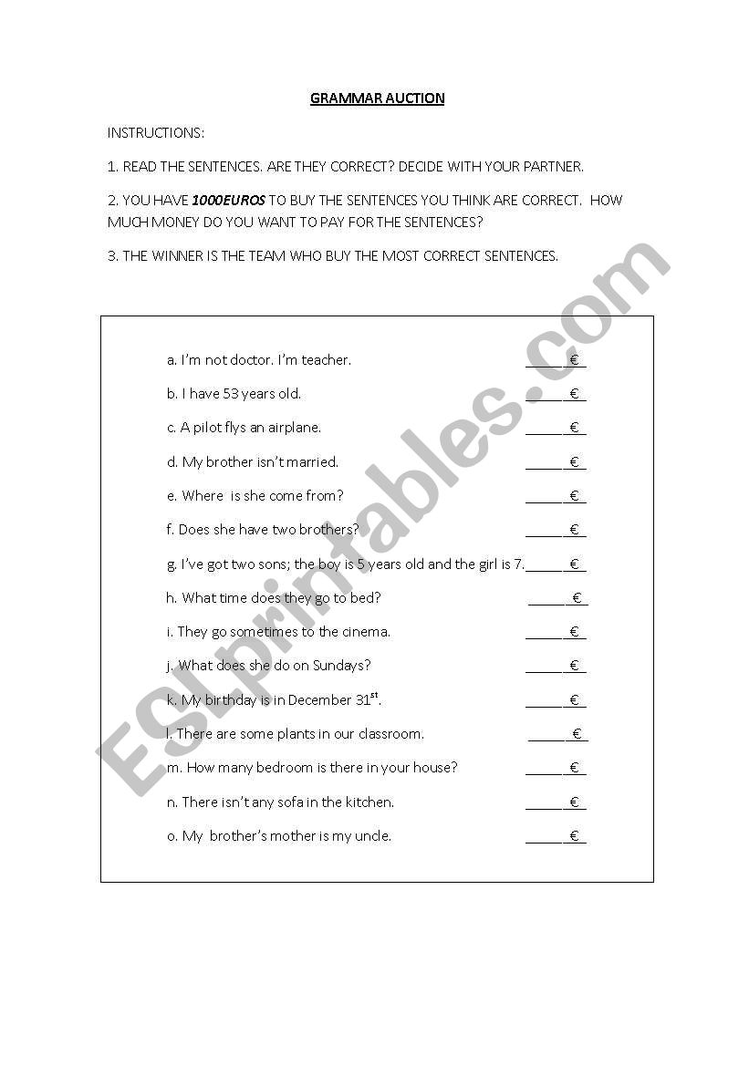 ELEMENTARY GRAMMAR AUCTION worksheet