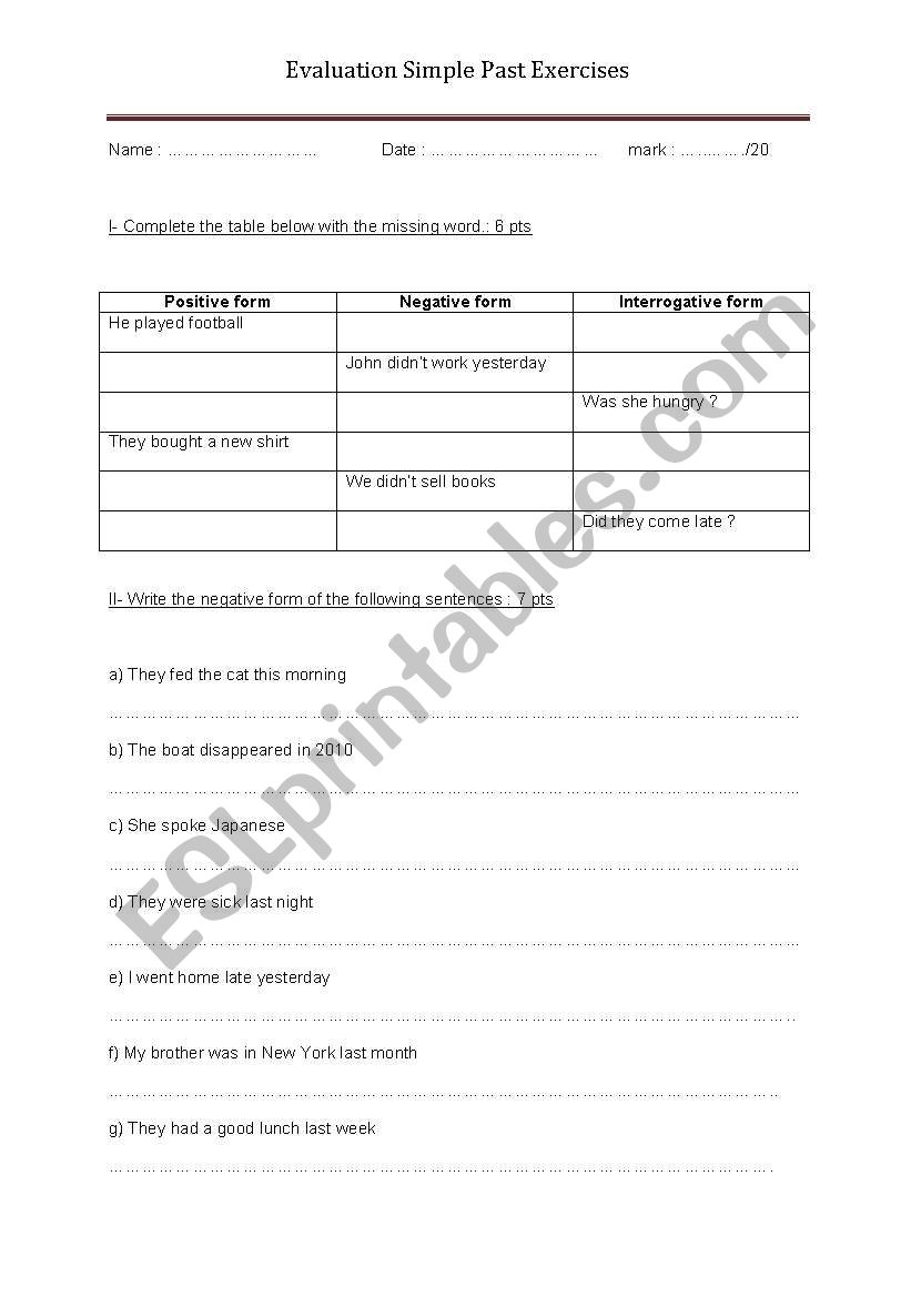 Evaluation simple past exercises