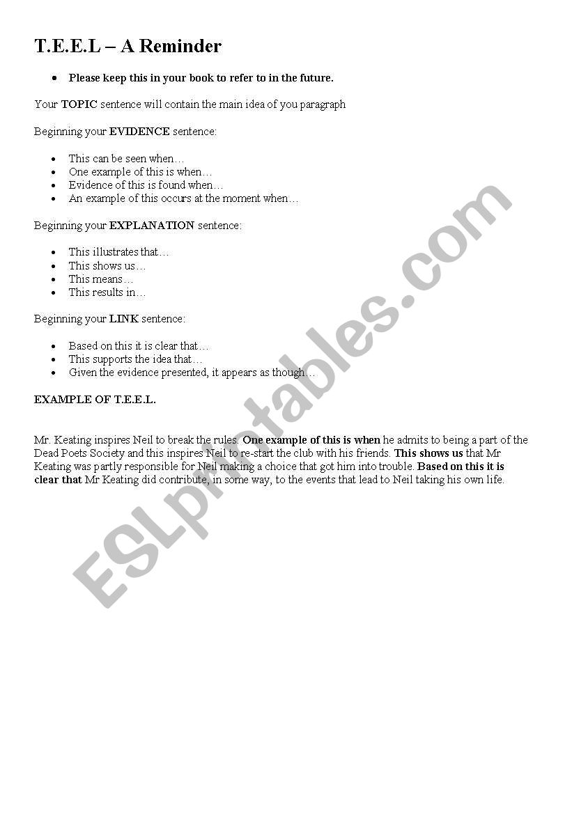 TEEL Paragraph Structure worksheet