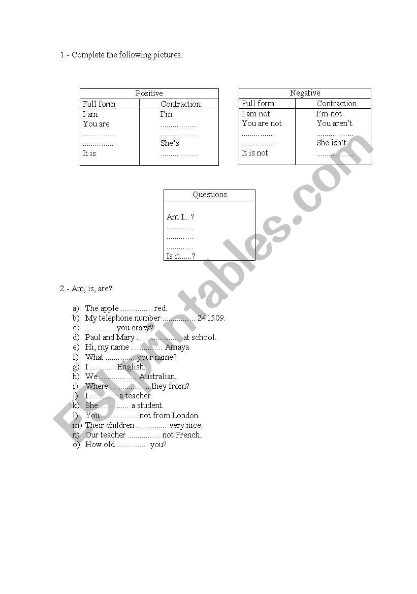 TO BE worksheet