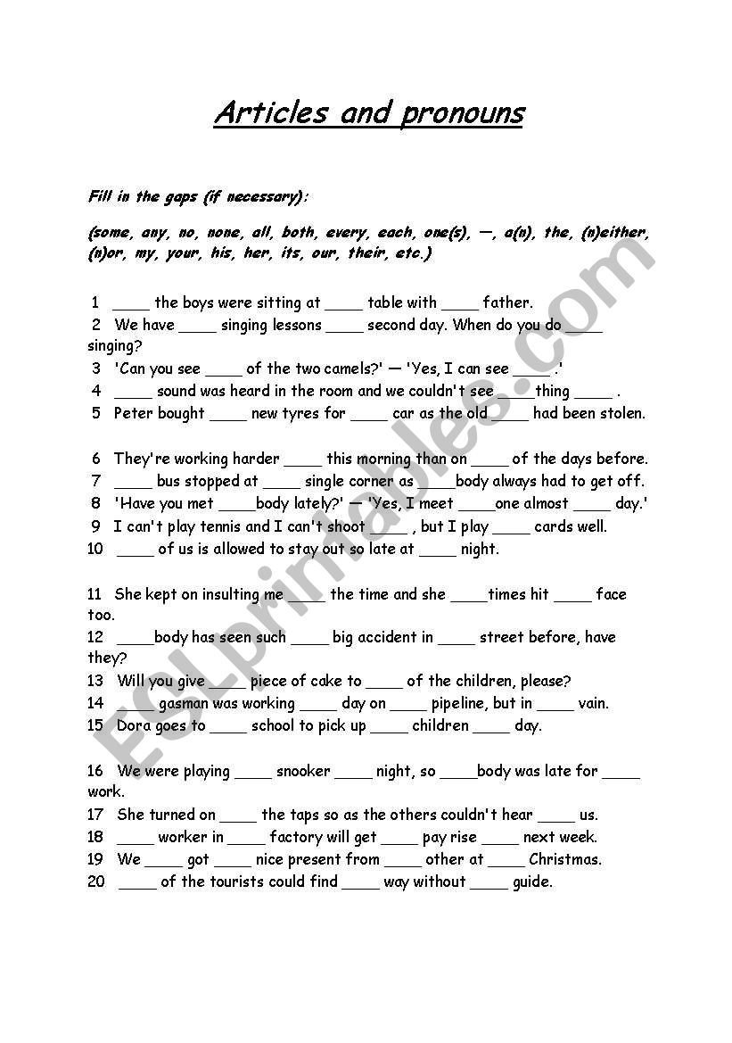 Articles and Pronouns worksheet