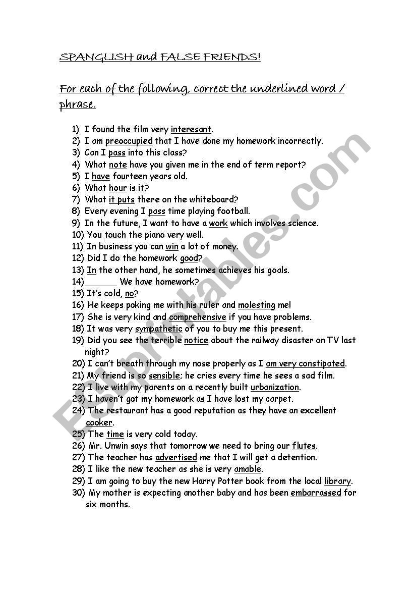 False Friends worksheet