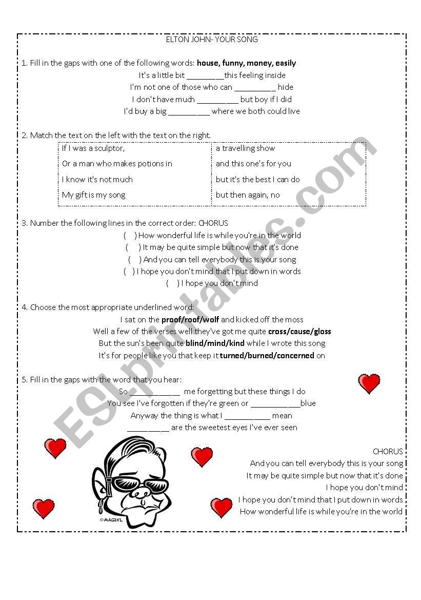 Elton John - Your song  worksheet