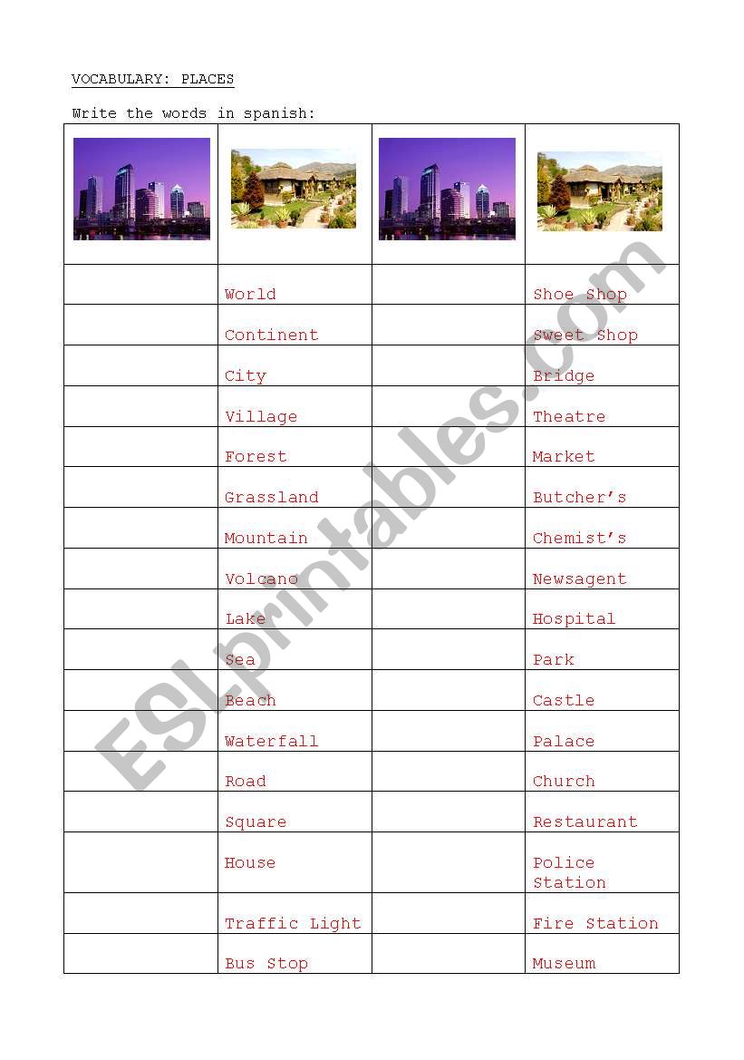 Vocabulary places worksheet