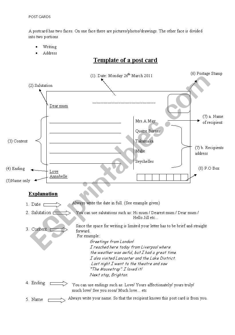 Post cards worksheet