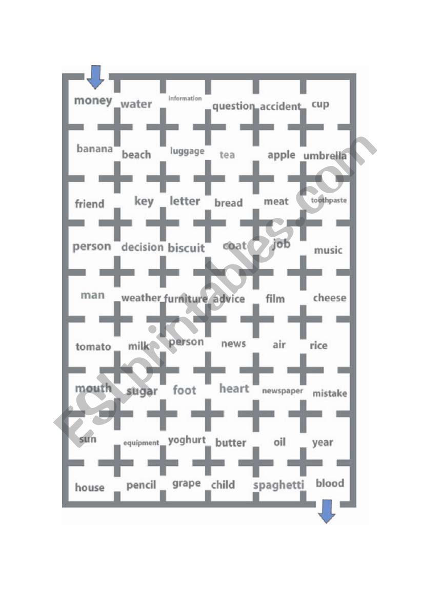 count vs. non-count noun maze worksheet