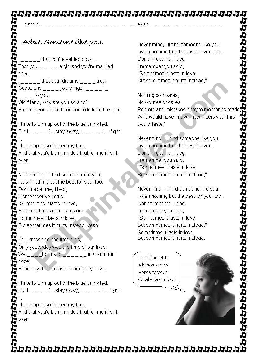 Adele. Someone like you. worksheet