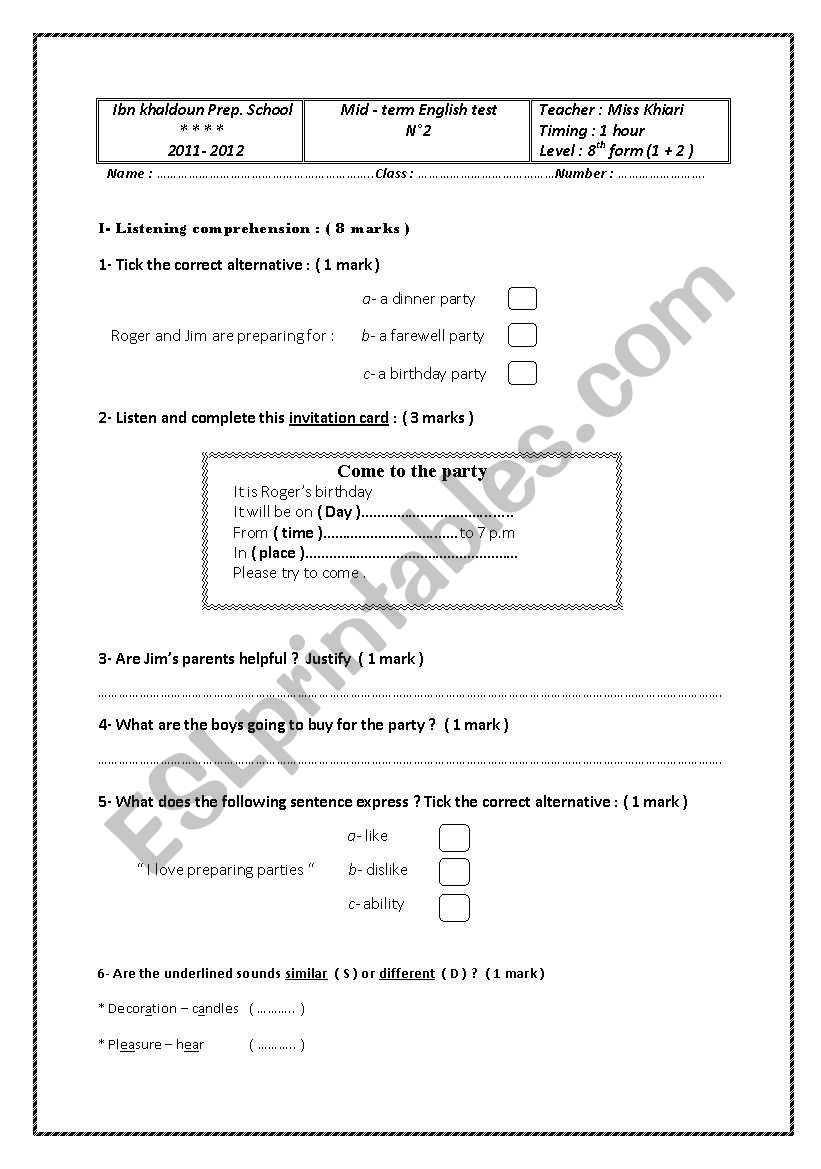 Mid- term test n°2 worksheet