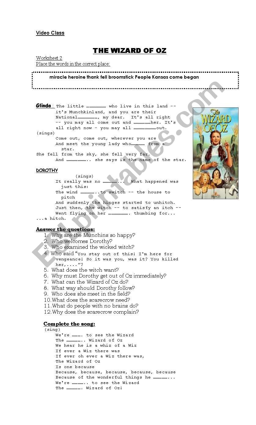 The Wizard of Oz- Worksheet 2 worksheet