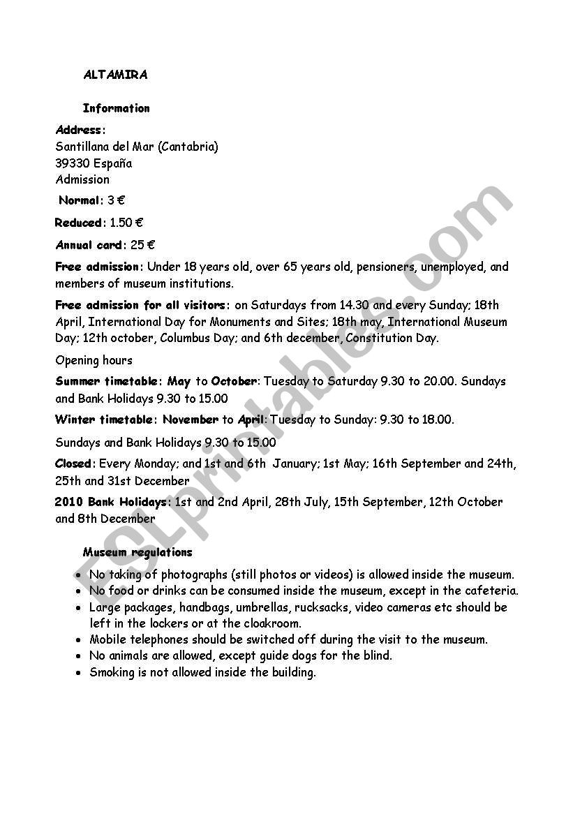 Altamira cave worksheet