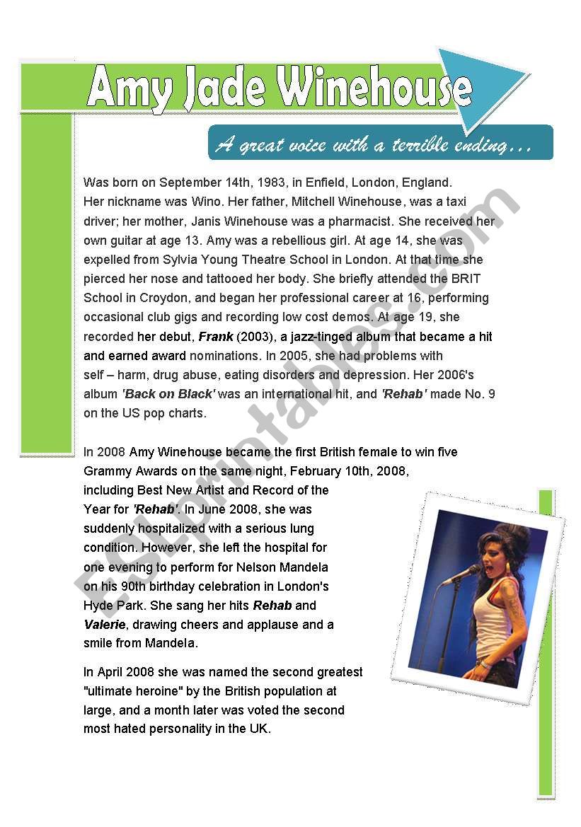 Amy WinehouseÂ´s timeline worksheet