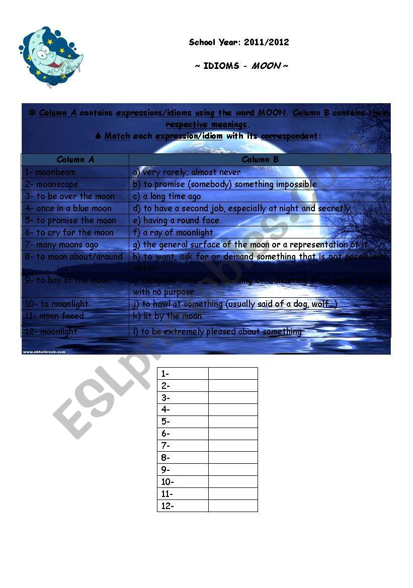 Moon - Expressions/Idioms worksheet