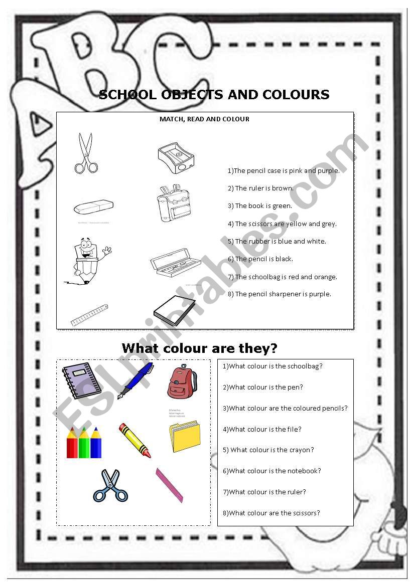 school abjects and colours worksheet