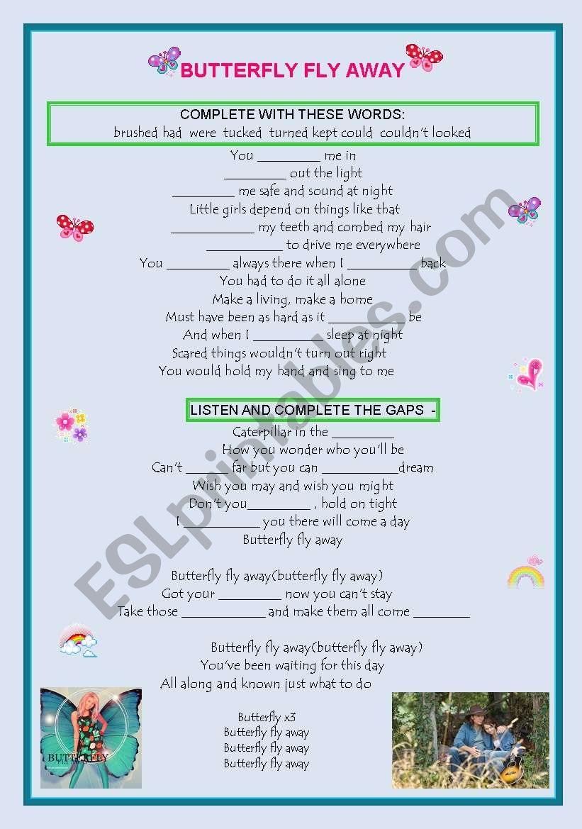 SONG WORKSHEET: BUTTERFLY FLY AWAY