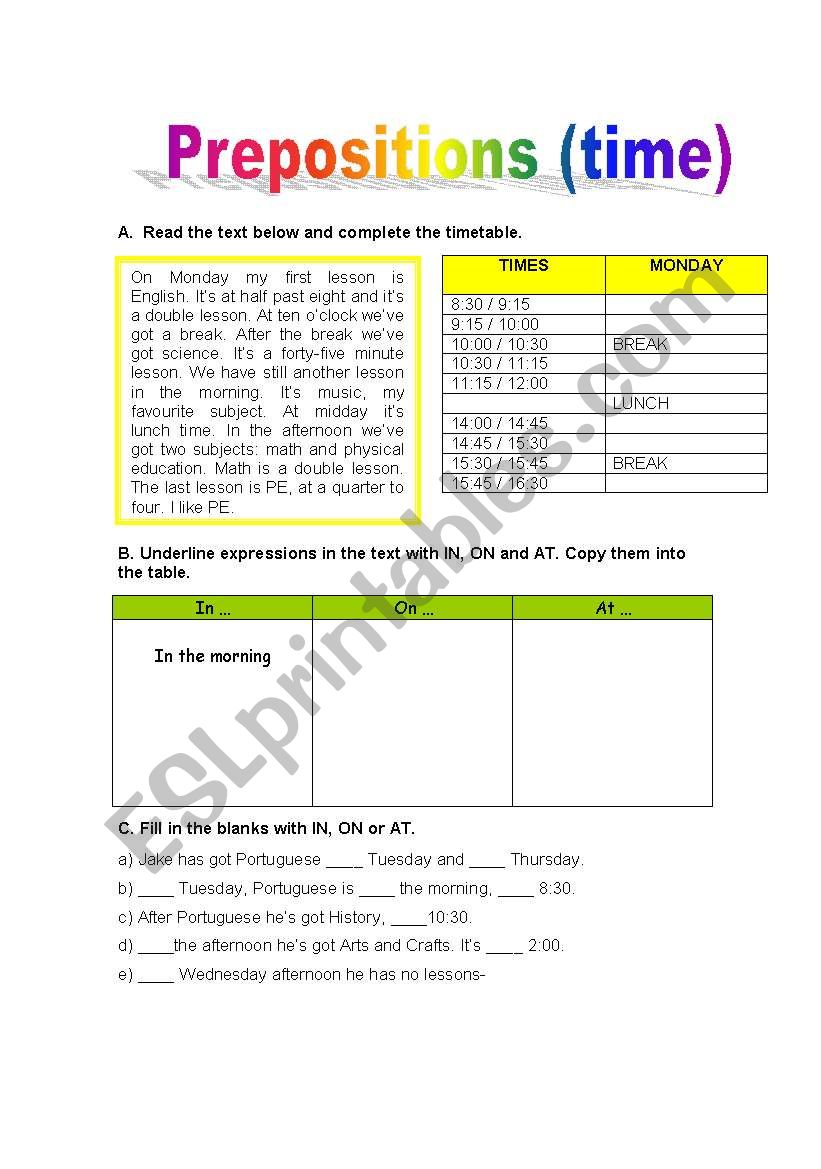 prepositions of time worksheet