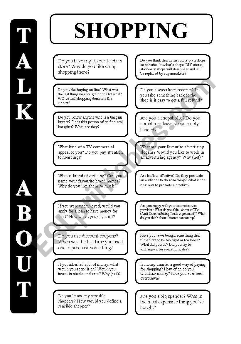 Shopping - 18 conversation cards - upper-intermediate level (editable)