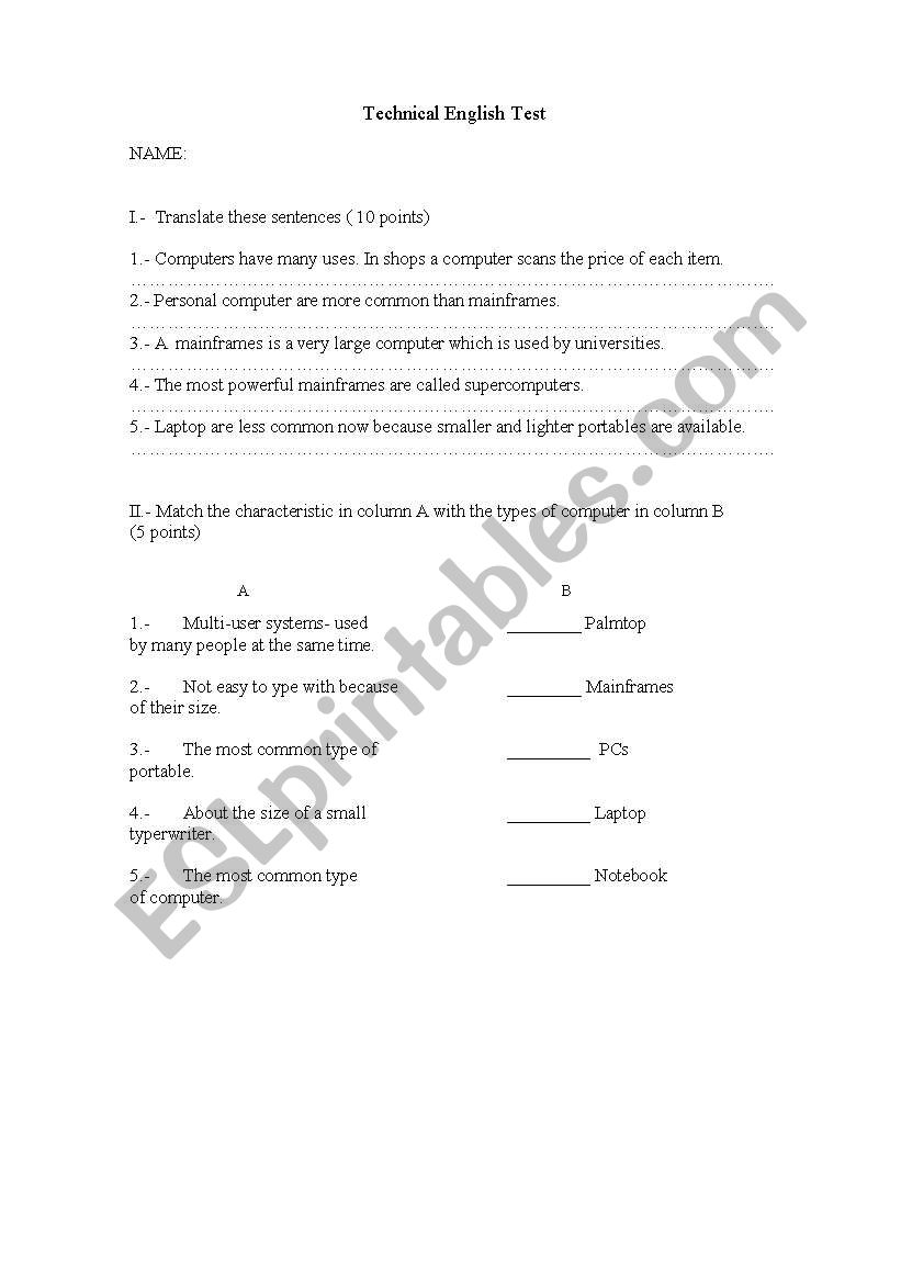 technical english test worksheet
