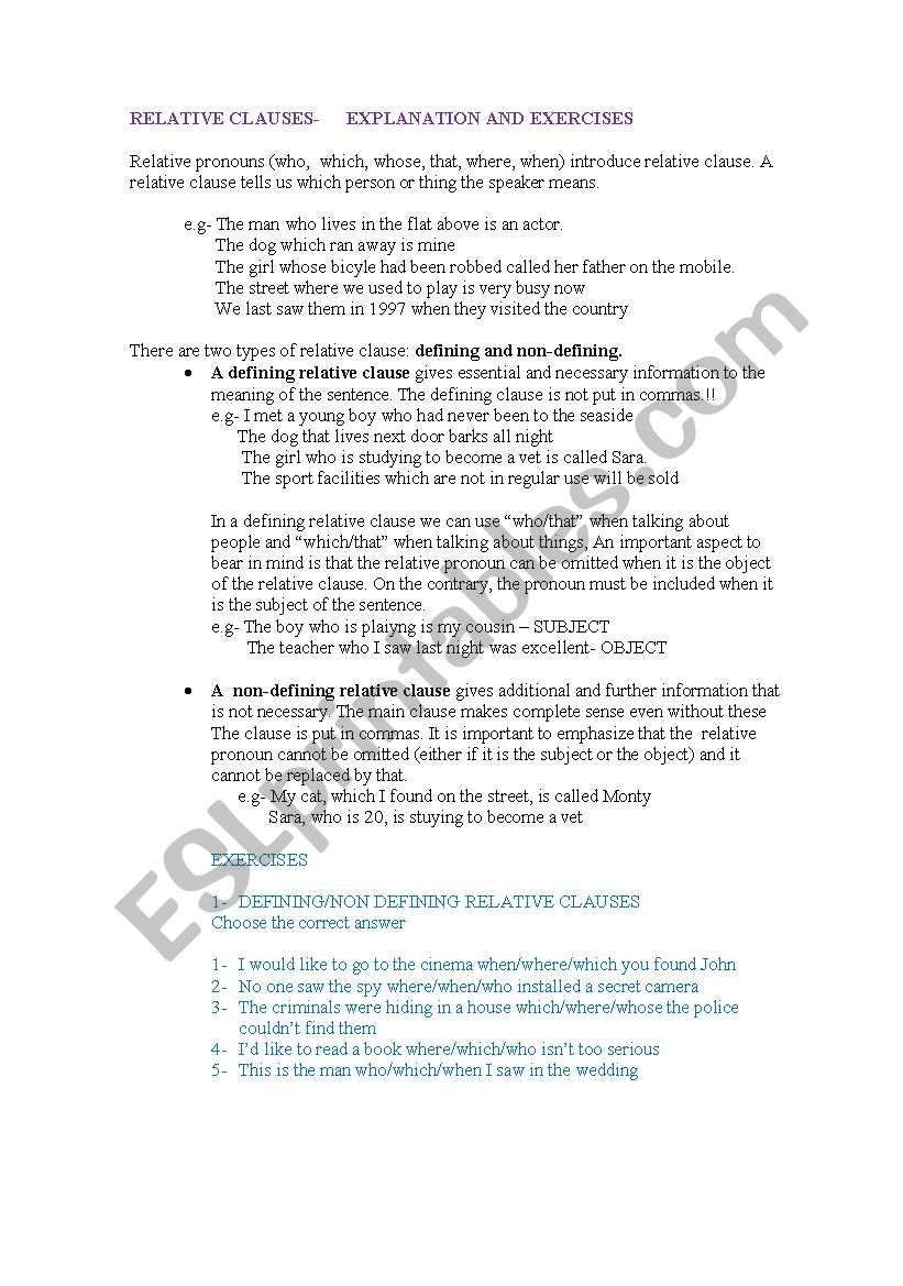 RELATIVE CLAUSES EXERCISES worksheet