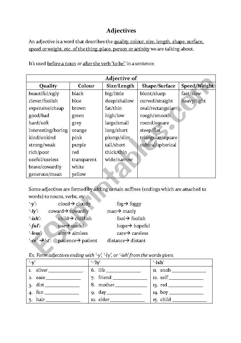 Adjective  worksheet