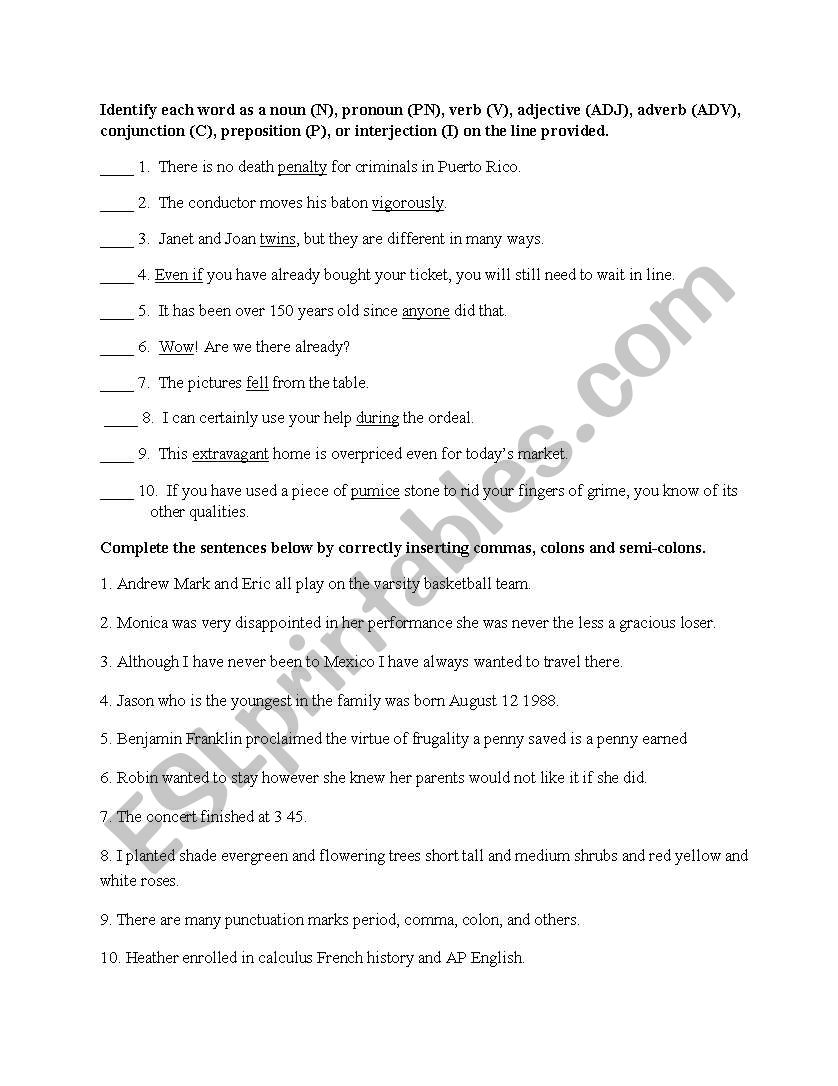 Parts of Speech, Commas, Colons and Semi-colons - ESL worksheet by In Semicolons And Colons Worksheet