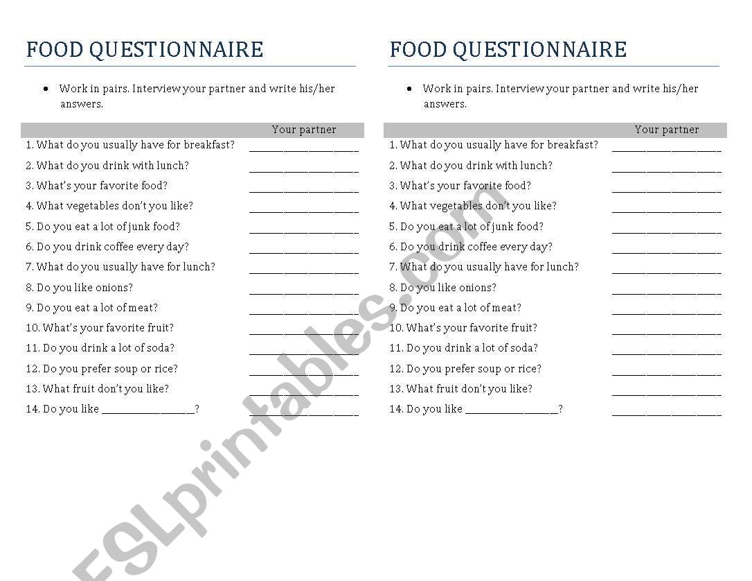 Food Questionnaire worksheet