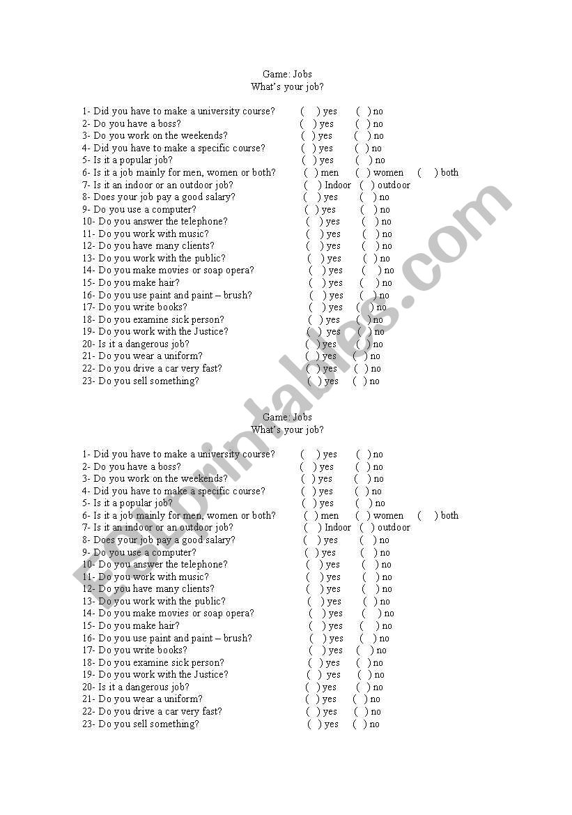 Whose Job is mine? worksheet