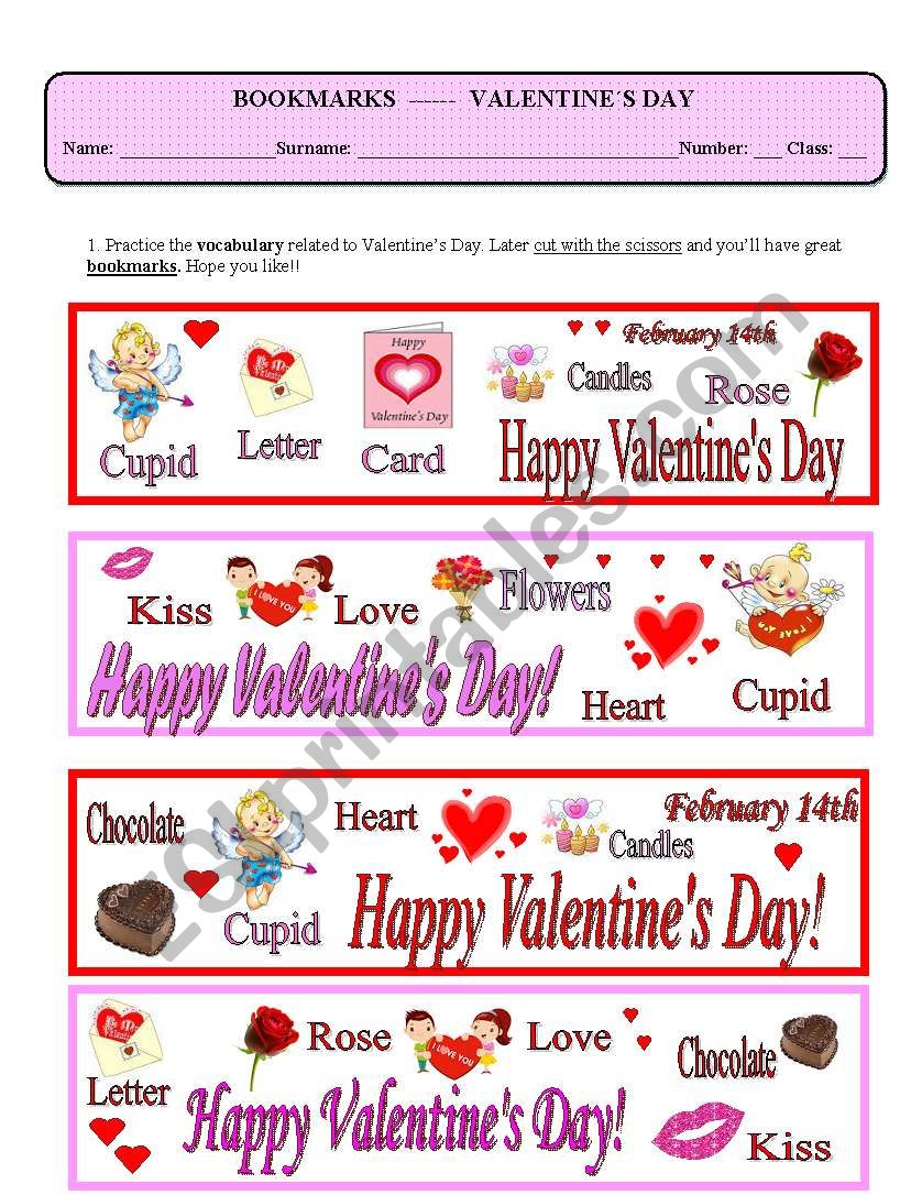 BOOKMARKS--- VALENTINES DAY worksheet