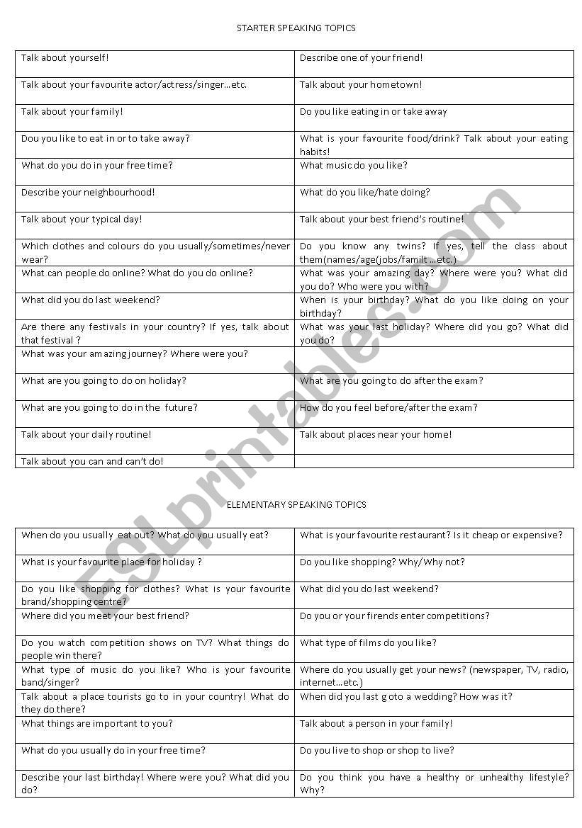 Speaking Topics worksheet