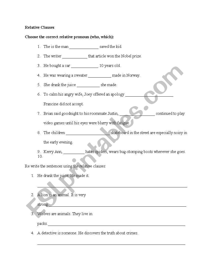 Relative clause worksheet