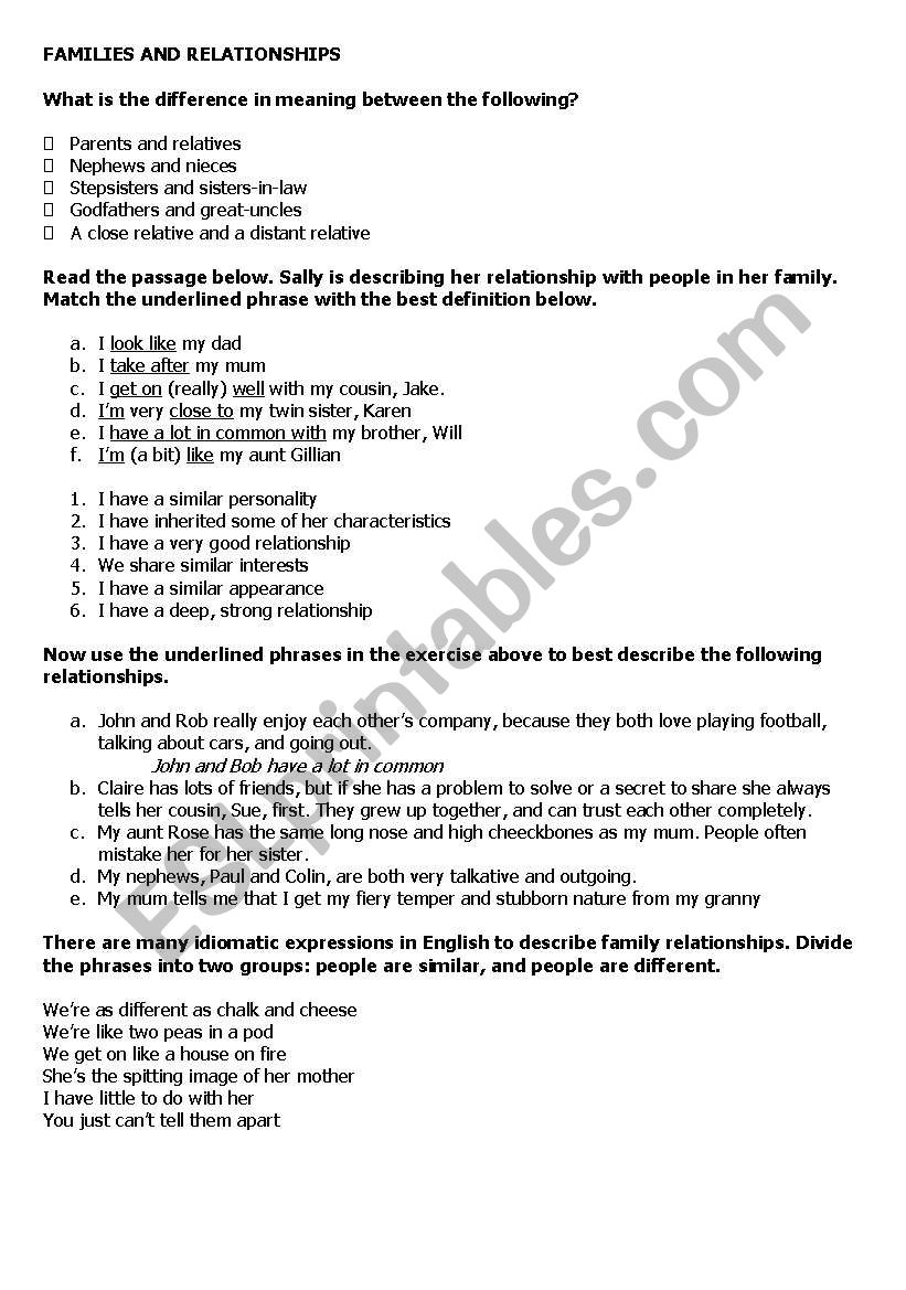 Families and relationships worksheet