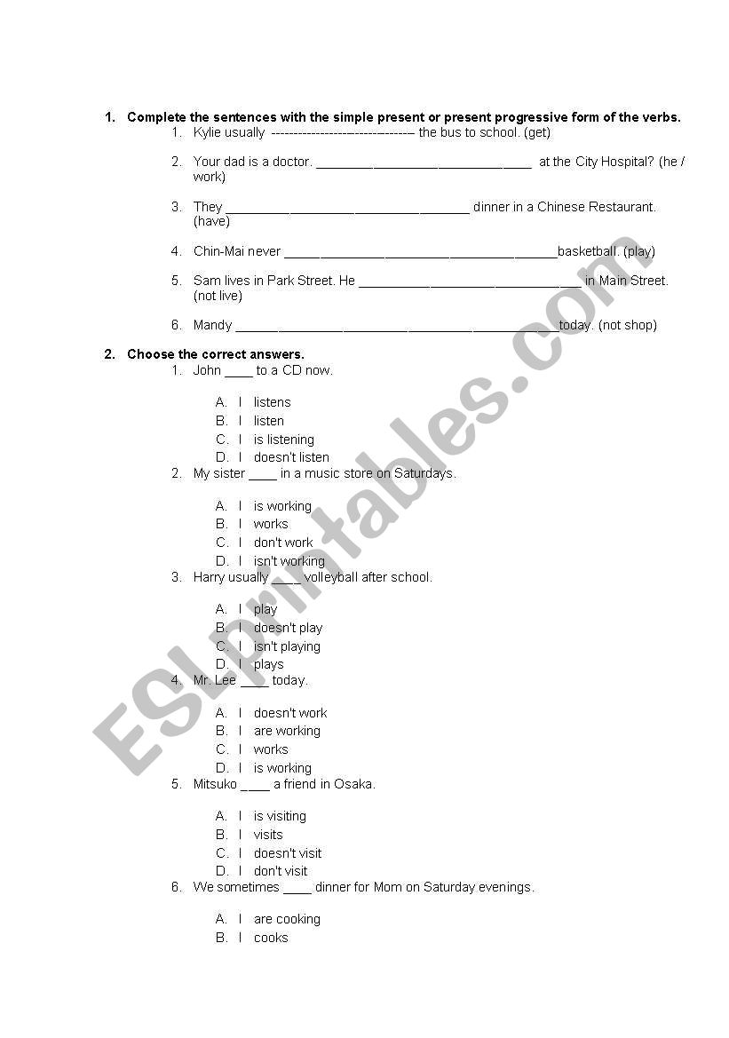 Simple Present and Continuous worksheet