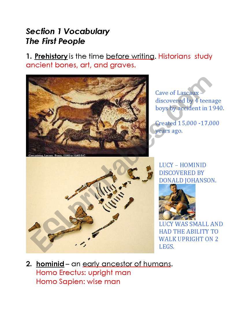 Prehistory Vocabulary Words worksheet