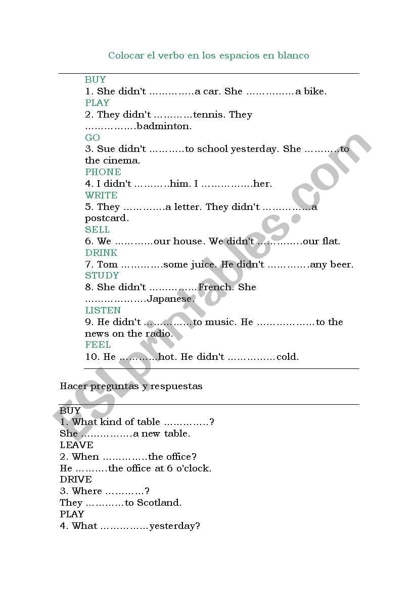 past simple revision worksheet