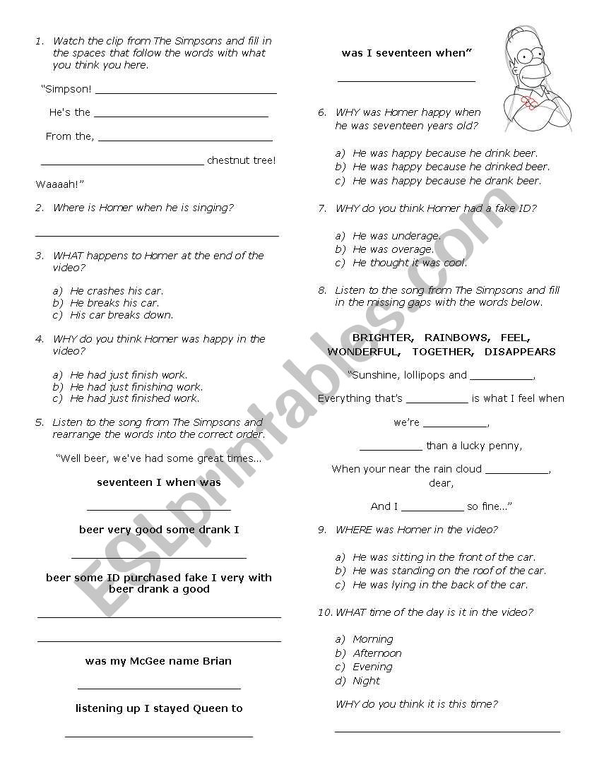 Simpsons 3 songs worksheet worksheet