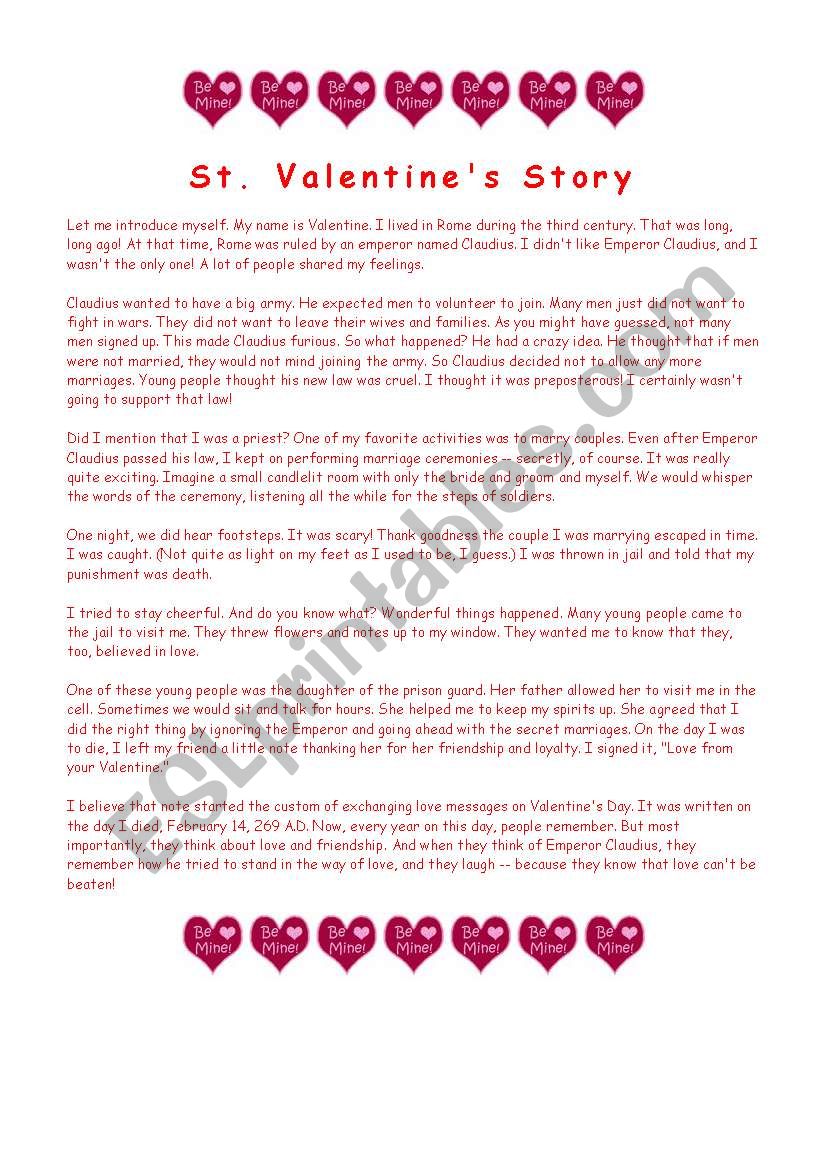 St. Valentines Story worksheet