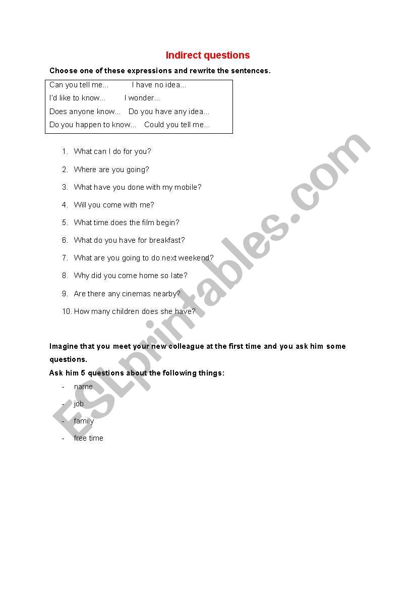Indirect questions worksheet
