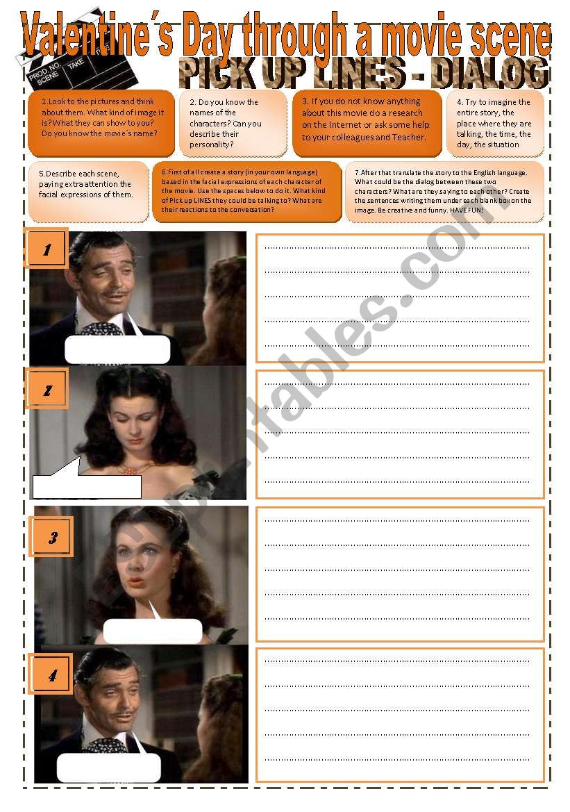 VALENTINEÂ´S DAY THROUGH A MOVIEÂ´S SCENE - GONE with the WIND - A writing DIALOG based in Pictures and PICK UP LINES (5 pages) + WRITING exercises
