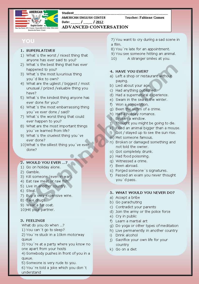 Conversation Questions for Upper-Intermediate and Advanced students