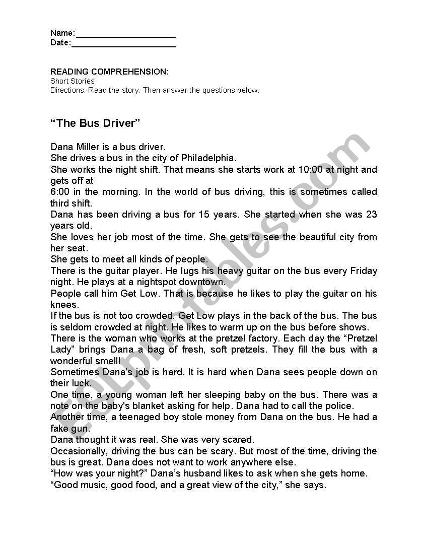 The Bus Driver worksheet