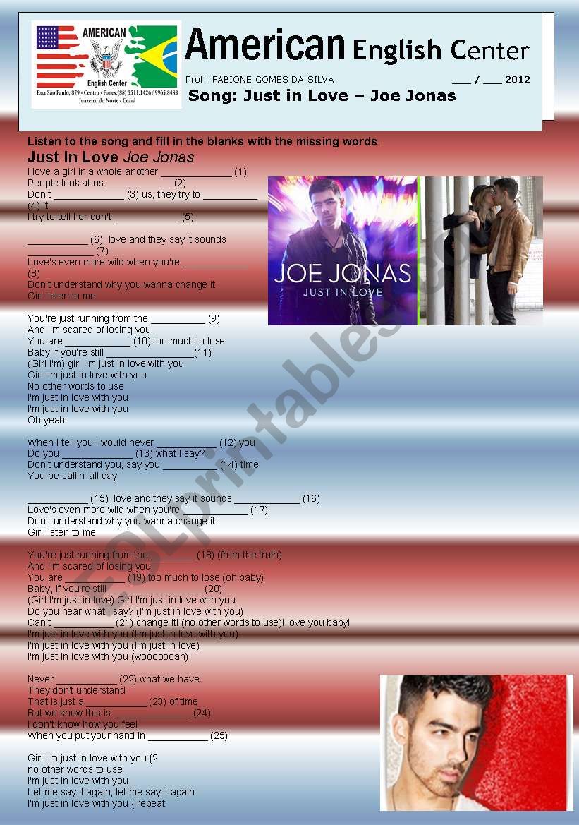 Just in Love - Joe Jonas worksheet