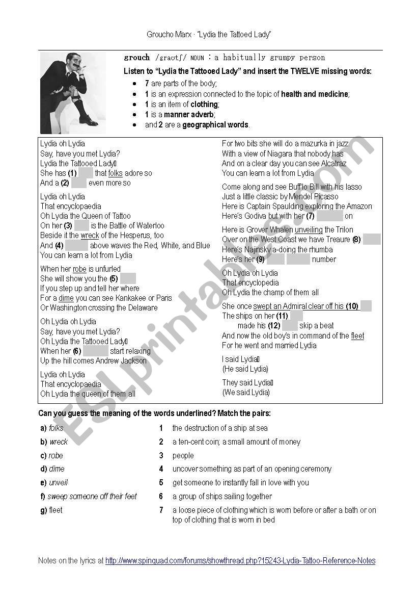 Lydia the Tattooed Lady worksheet