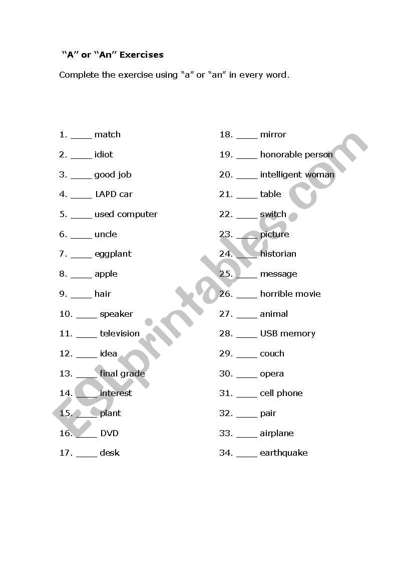 A or An exercises worksheet