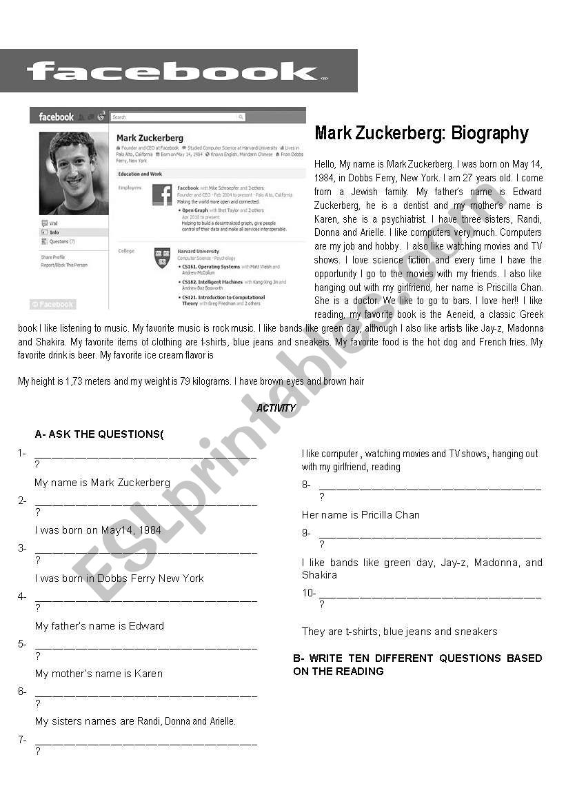 MARK ZUCKERBERG BIOGRAPHY worksheet