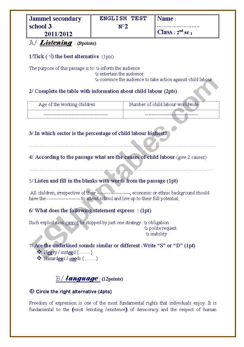 English test n2 worksheet