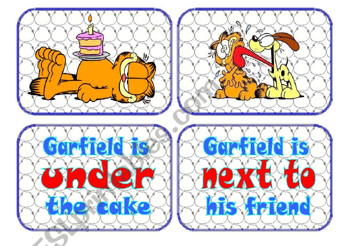Prepositions Flascards with Garfield the cat