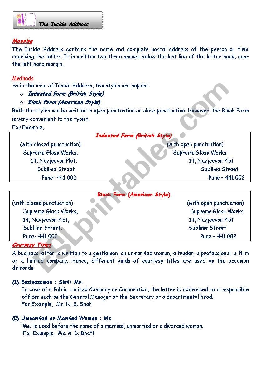 The Inside Address worksheet