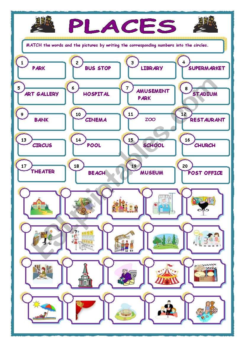 PLACES - Matching exercise worksheet