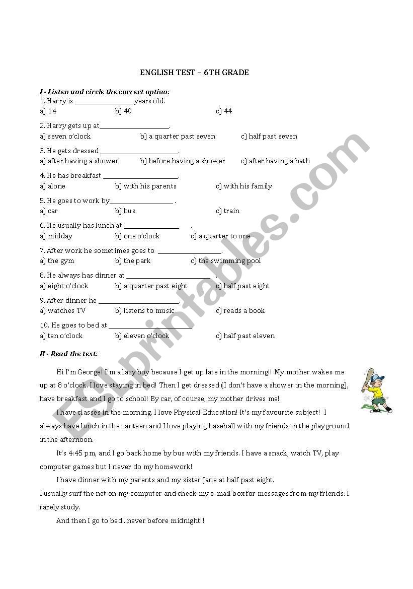 6th grade Test worksheet