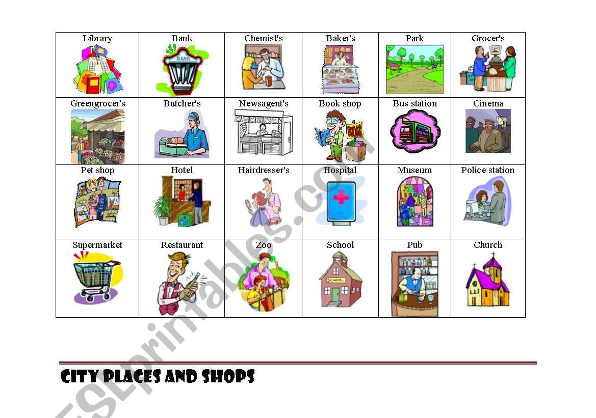 Shops and places in a city worksheet